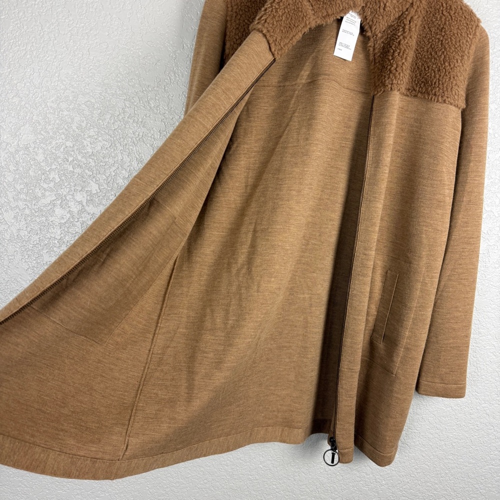Akris Punto 100% Wool Sherpa Knit Stand Collar Cardigan Camel US 10 Faux Fur Tan - Picture 8 of 13